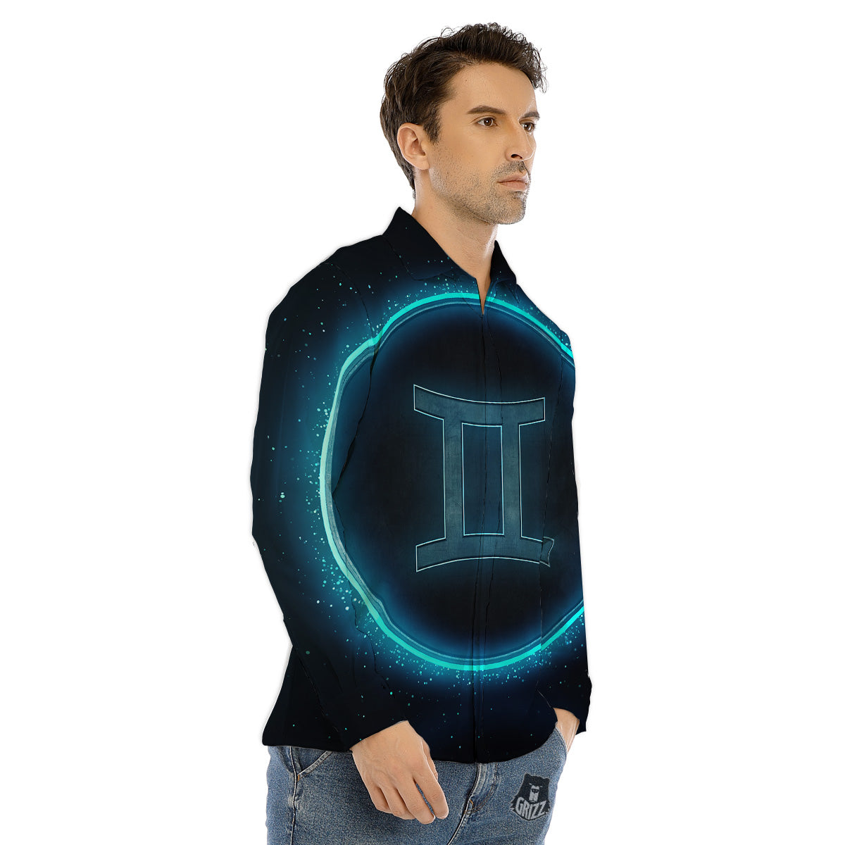 Zodiac Sign Blue Gemini Print Men's Dress Shirts-grizzshop