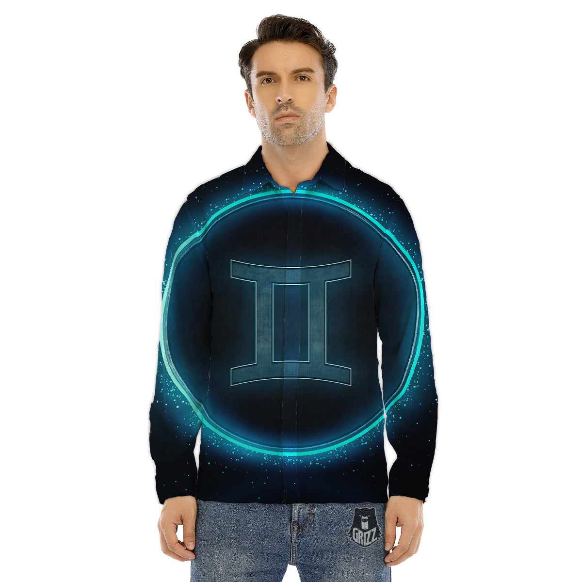 Zodiac Sign Blue Gemini Print Men's Dress Shirts-grizzshop