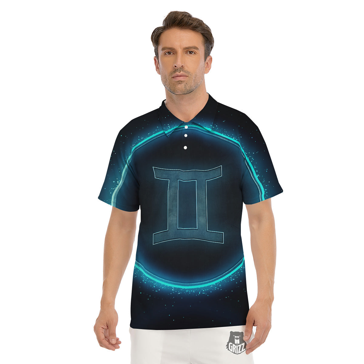 Zodiac Sign Blue Gemini Print Men's Golf Shirts-grizzshop