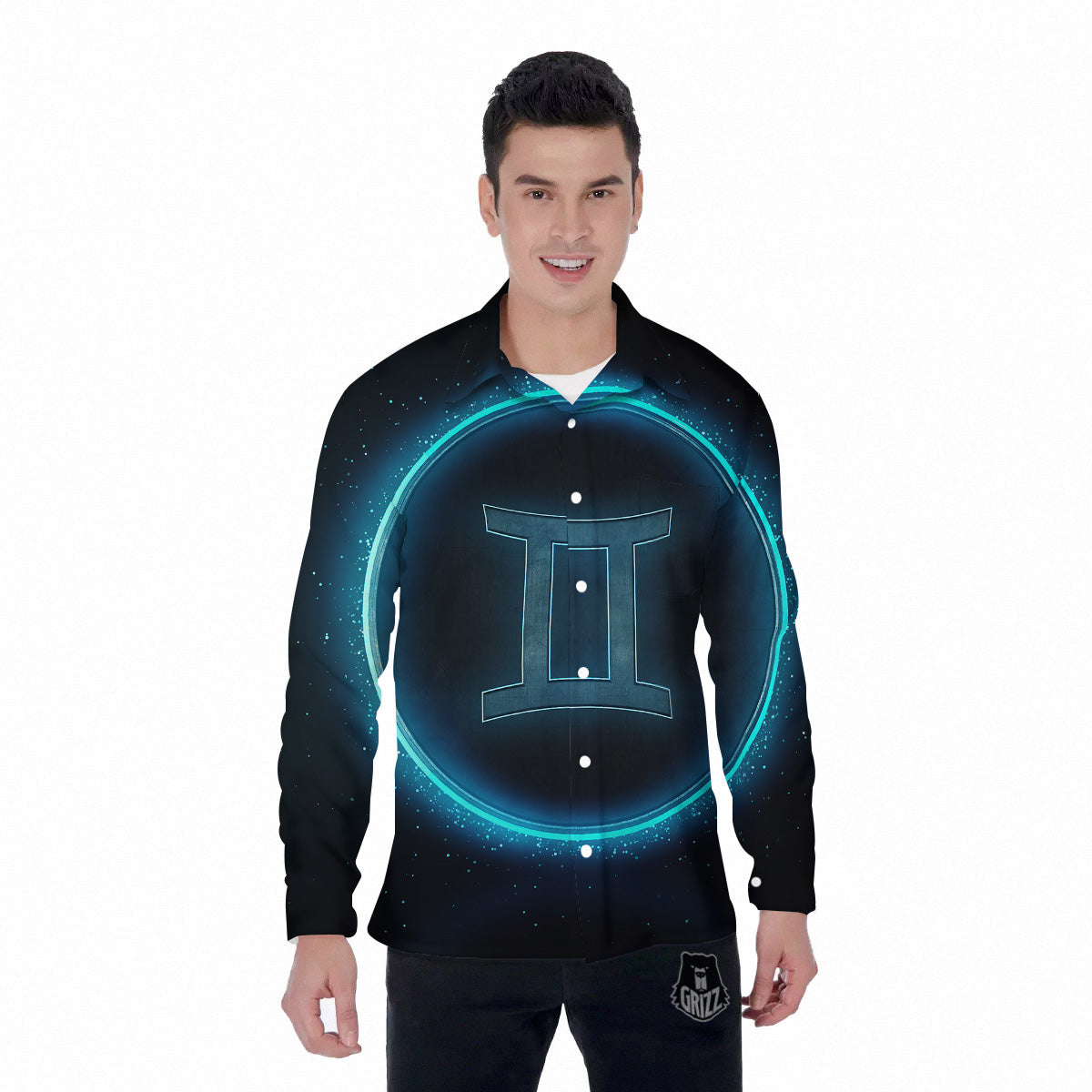 Zodiac Sign Blue Gemini Print Men's Long Sleeve Shirts-grizzshop