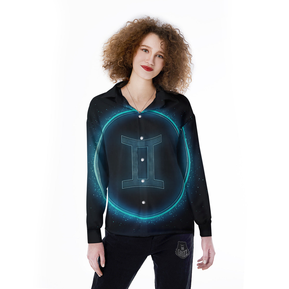 Zodiac Sign Blue Gemini Print Women's Long Sleeve Shirts-grizzshop
