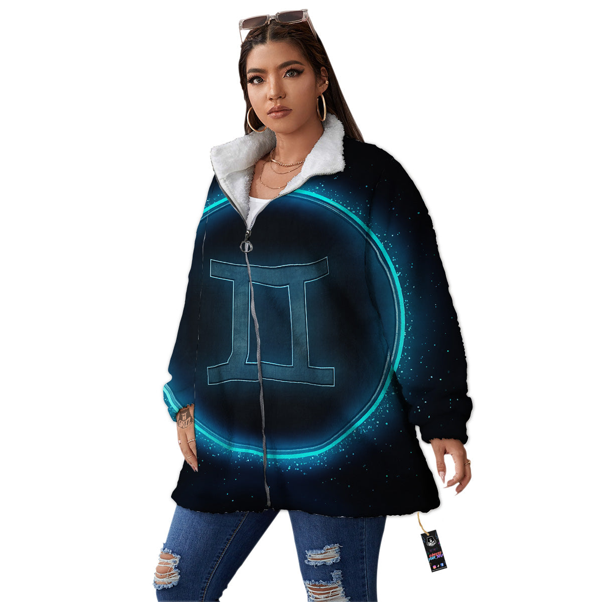 Zodiac Sign Blue Gemini Print Women's Sherpa Jacket-grizzshop