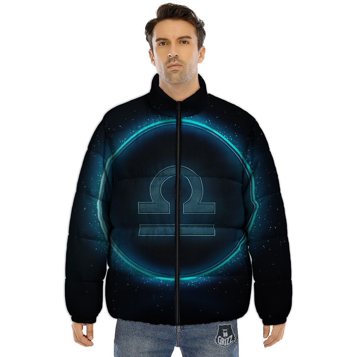 Zodiac Sign Blue Libra Print Puffer Jacket-grizzshop