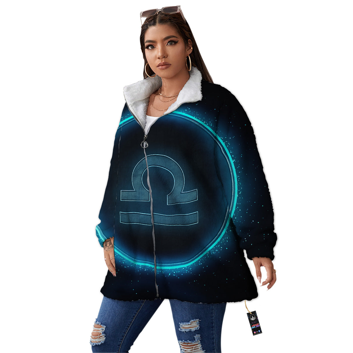 Zodiac Sign Blue Libra Print Women's Sherpa Jacket-grizzshop