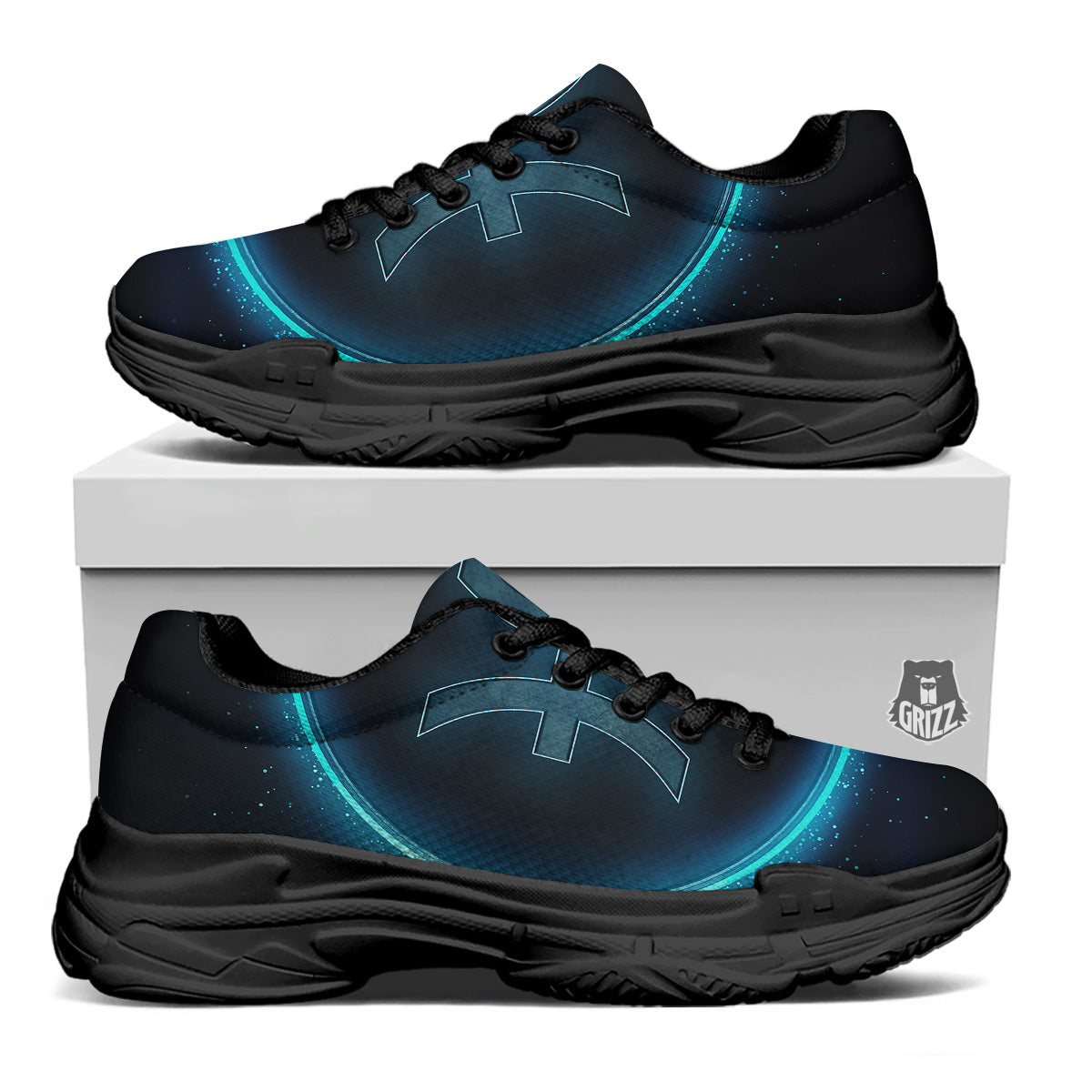 Zodiac Sign Blue Pisces Print Black Chunky Shoes-grizzshop