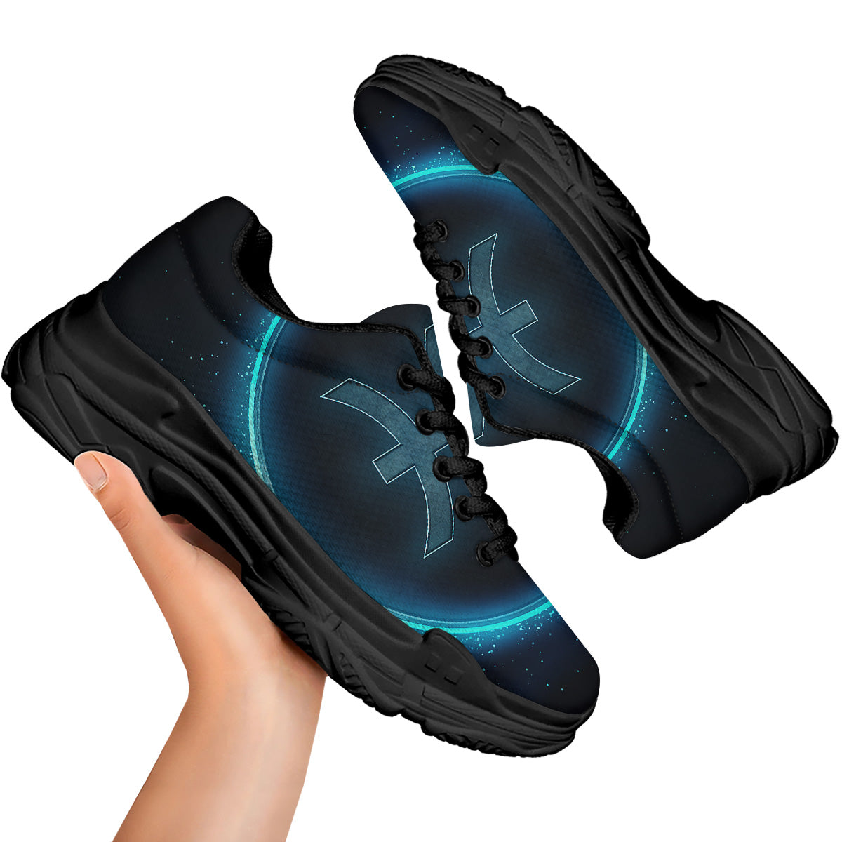 Zodiac Sign Blue Pisces Print Black Chunky Shoes-grizzshop