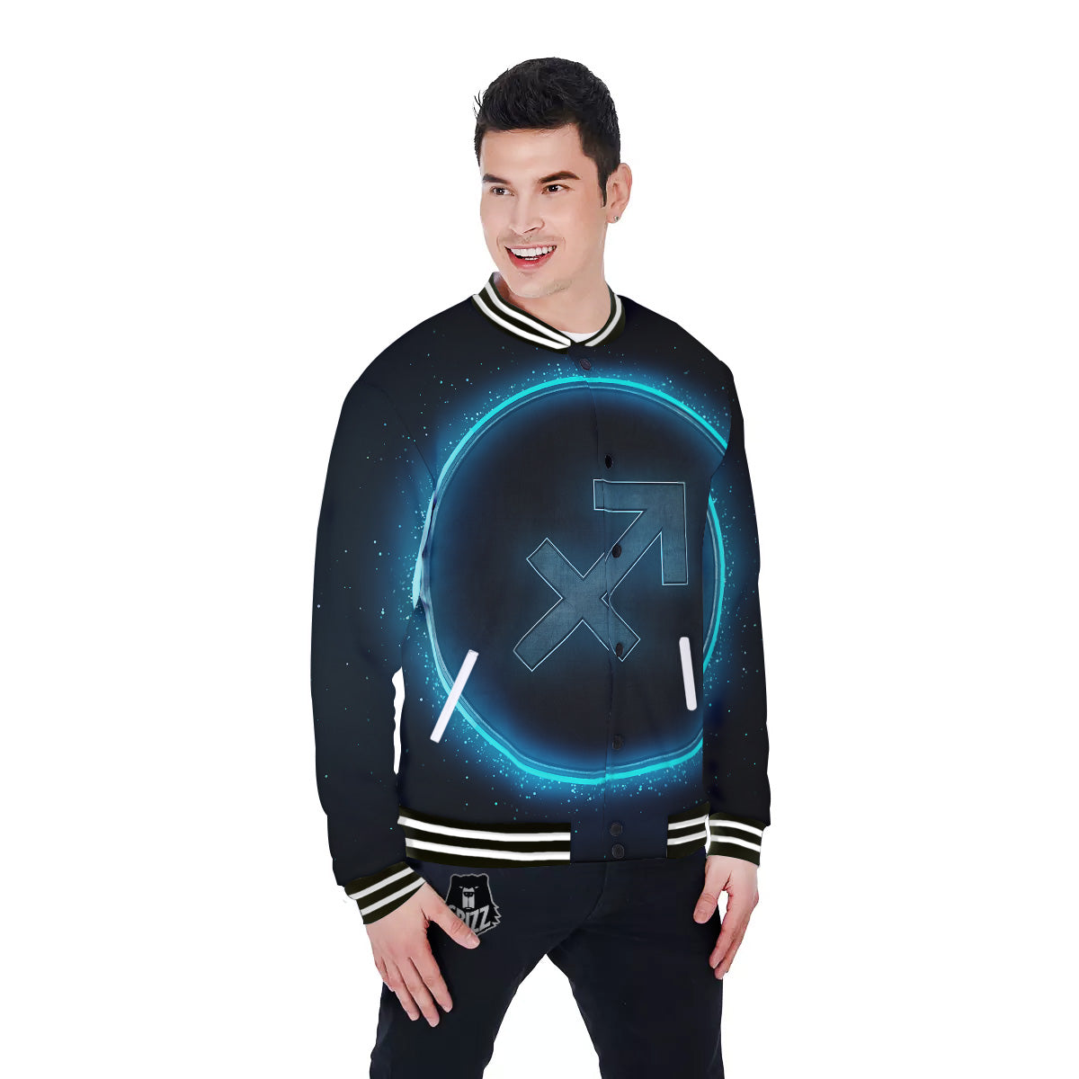 Zodiac Sign Blue Sagittarius Print Baseball Jacket-grizzshop