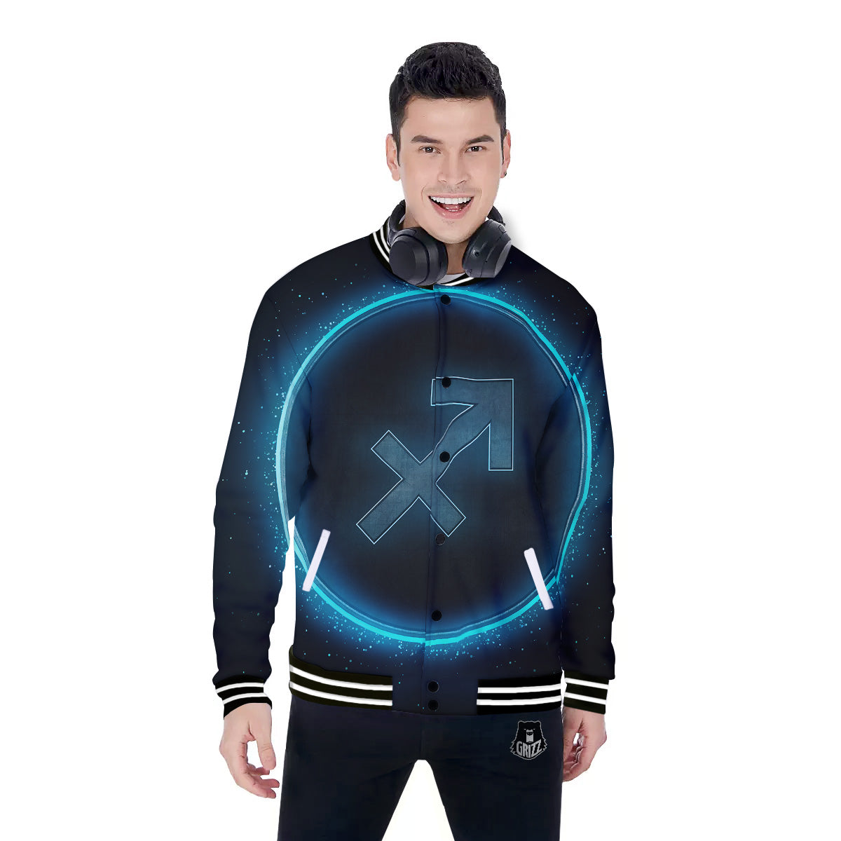 Zodiac Sign Blue Sagittarius Print Baseball Jacket-grizzshop