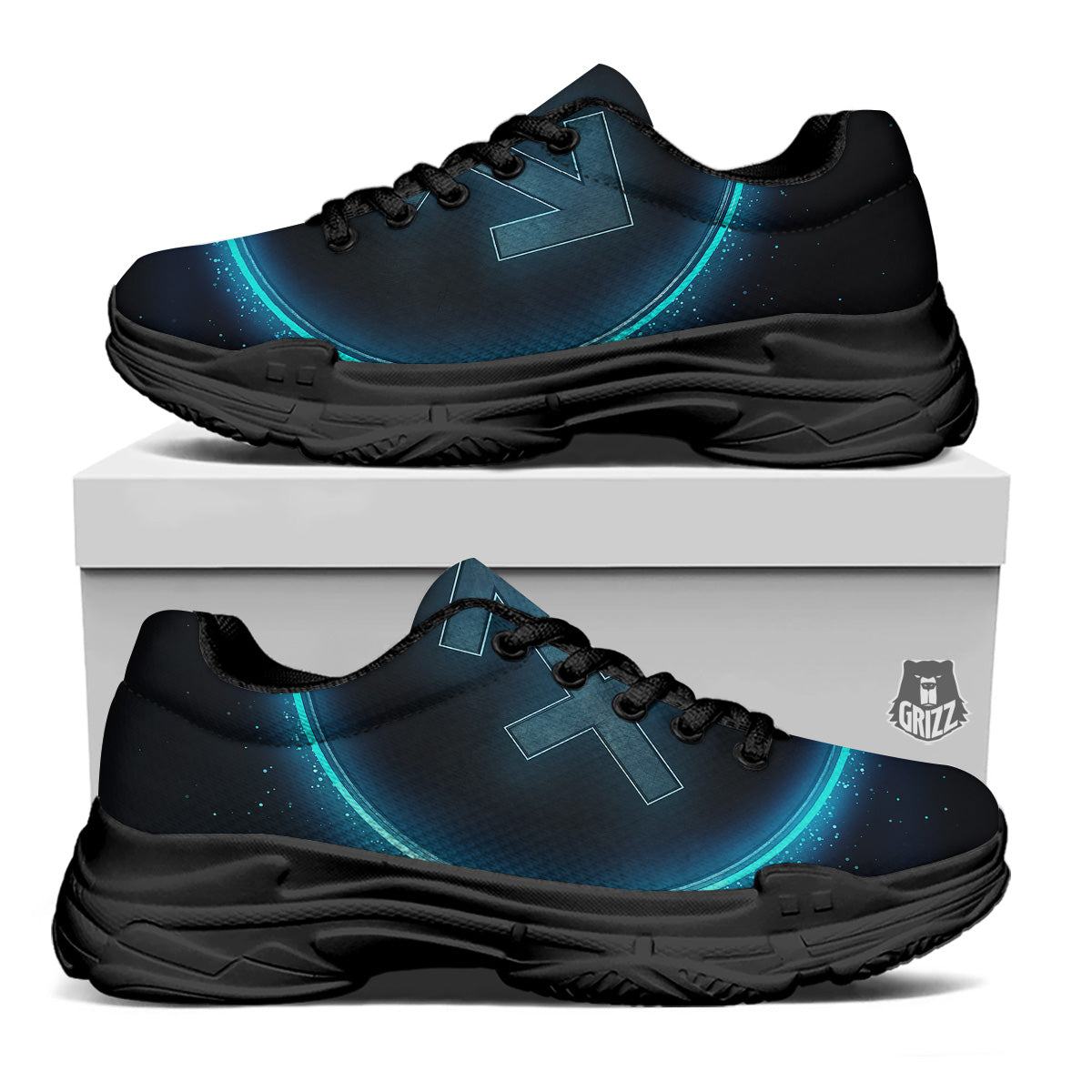 Zodiac Sign Blue Sagittarius Print Black Chunky Shoes-grizzshop