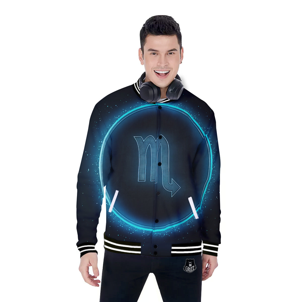 Zodiac Sign Blue Scorpio Print Baseball Jacket-grizzshop