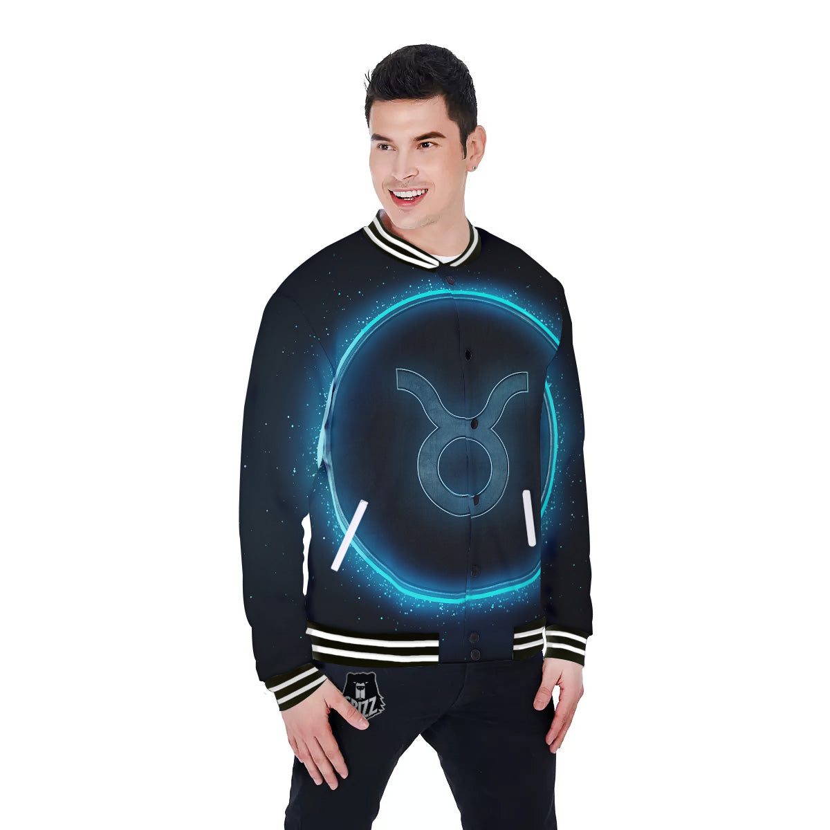 Zodiac Sign Blue Taurus Print Baseball Jacket-grizzshop