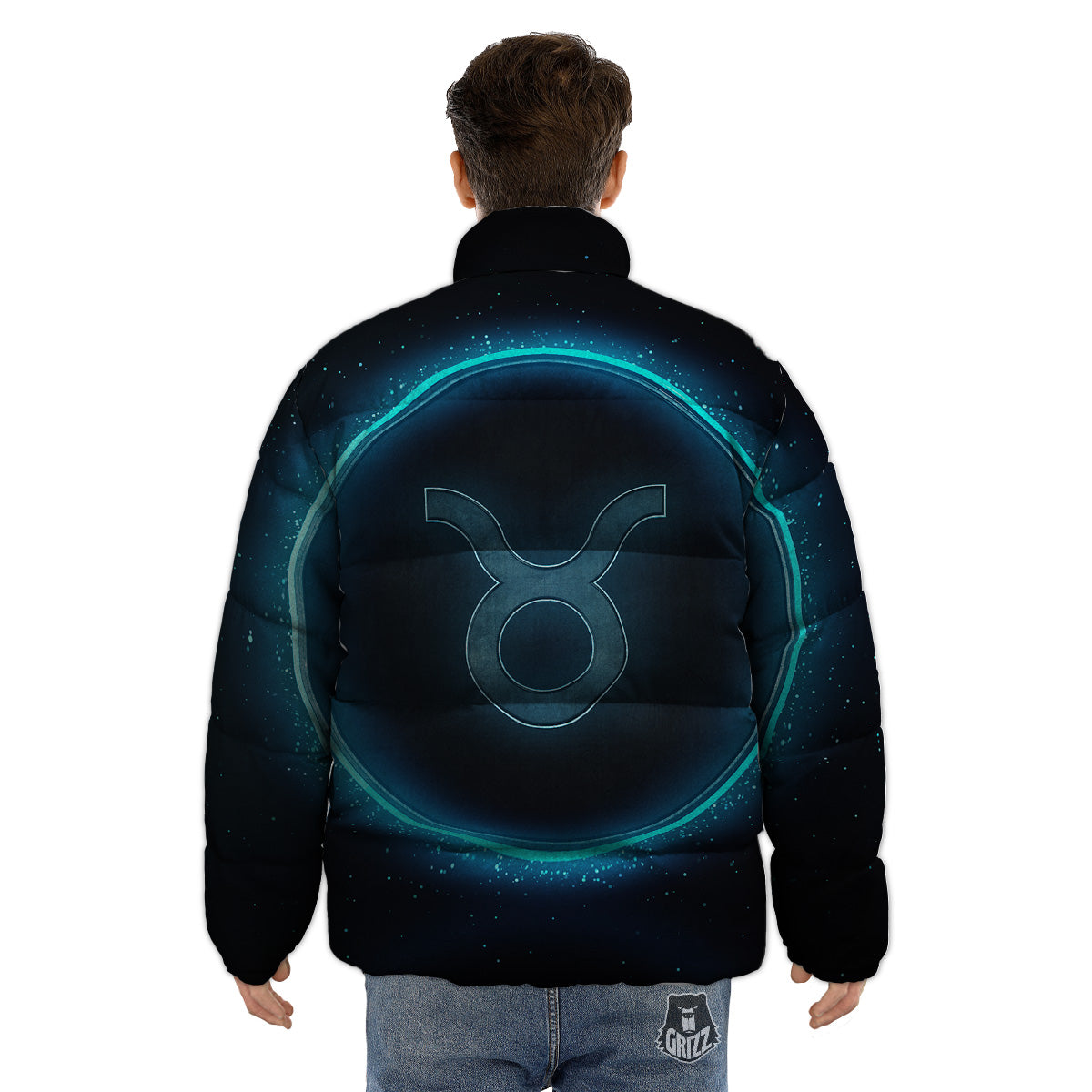 Zodiac Sign Blue Taurus Print Puffer Jacket-grizzshop