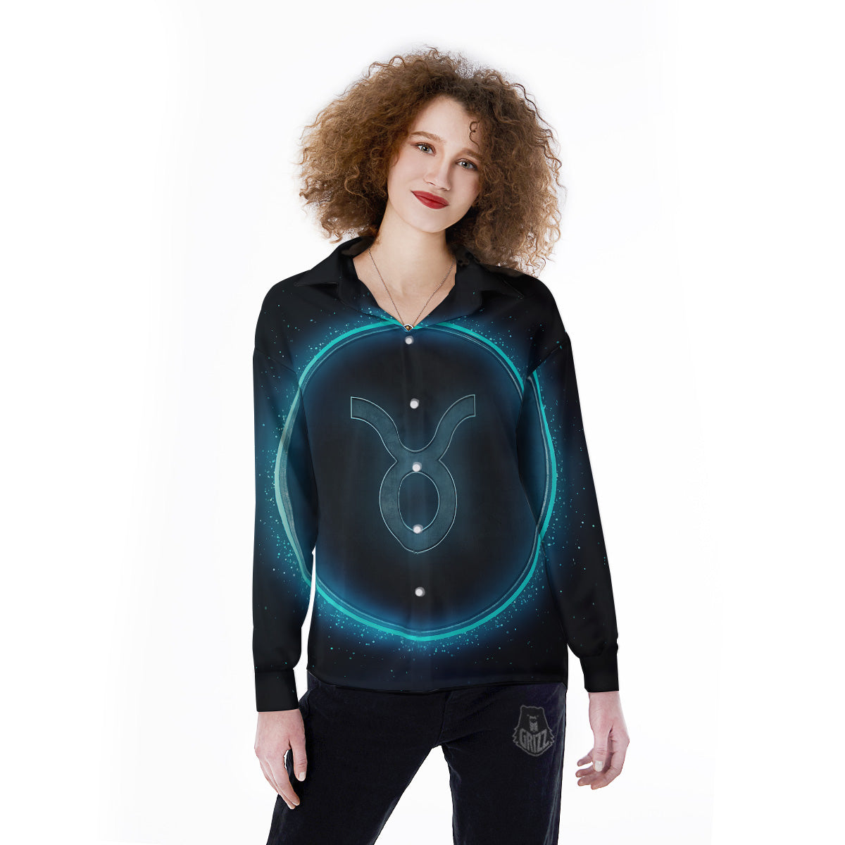 Zodiac Sign Blue Taurus Print Women's Long Sleeve Shirts-grizzshop