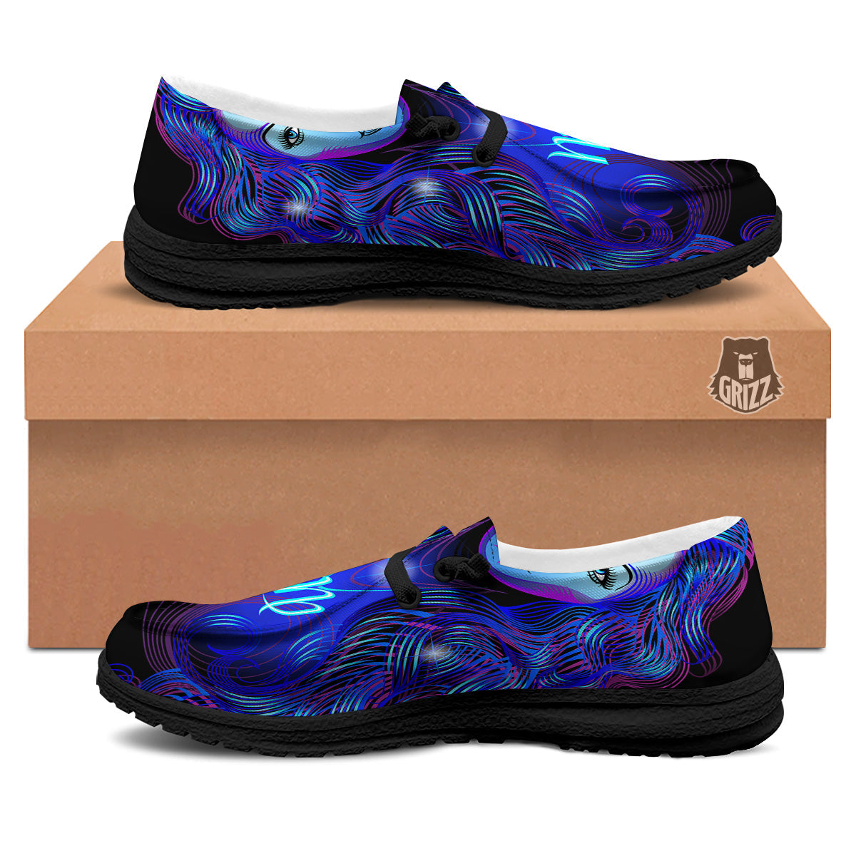 Zodiac Sign Blue Virgo Print Black Loafers-grizzshop