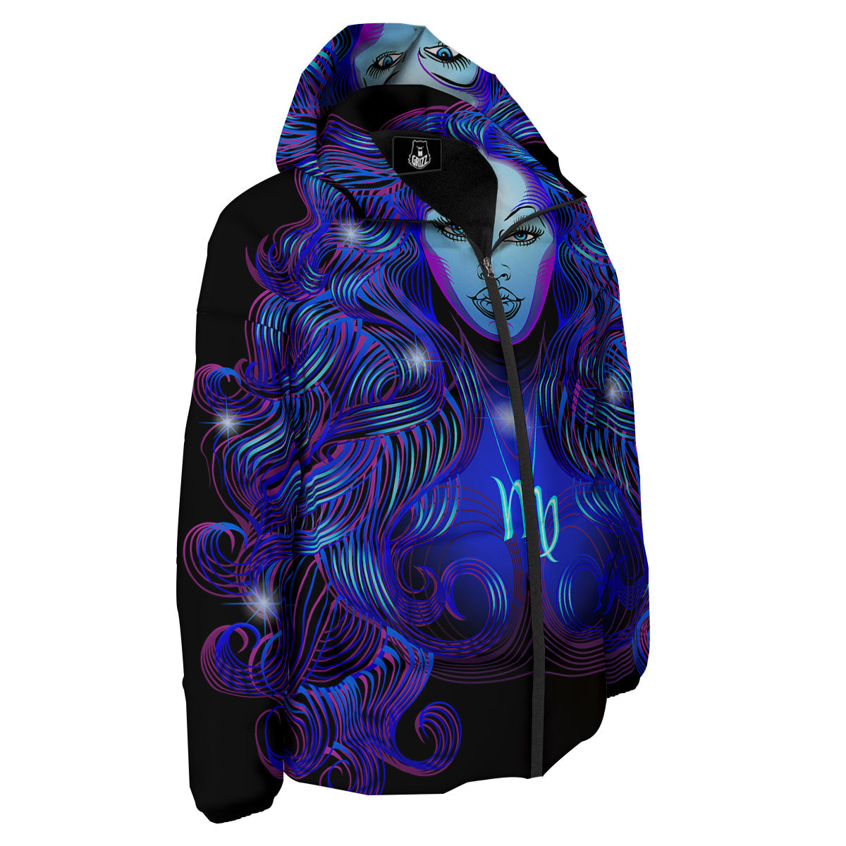 Zodiac Sign Blue Virgo Print Down Jacket-grizzshop