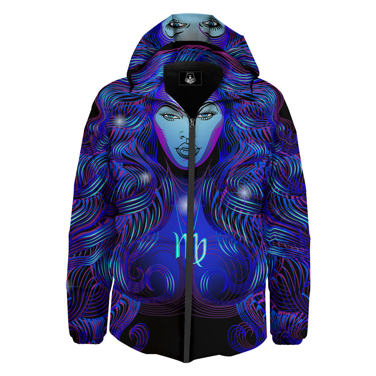 Zodiac Sign Blue Virgo Print Down Jacket-grizzshop
