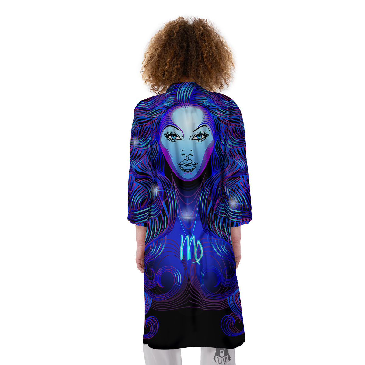 Zodiac Sign Blue Virgo Print Kimono-grizzshop