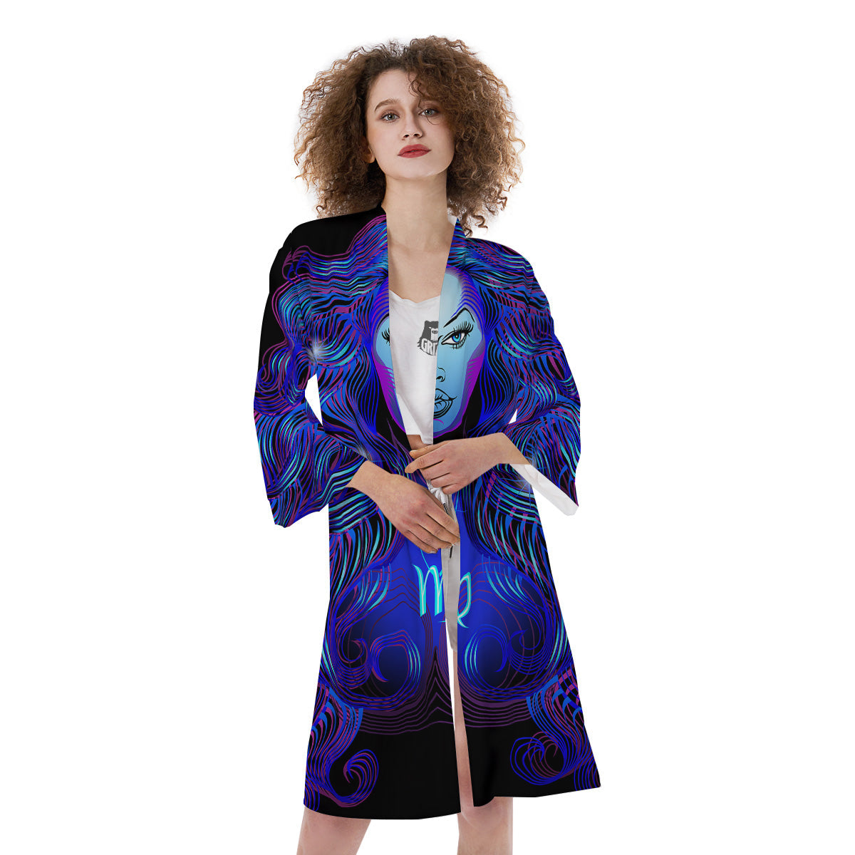 Zodiac Sign Blue Virgo Print Kimono-grizzshop