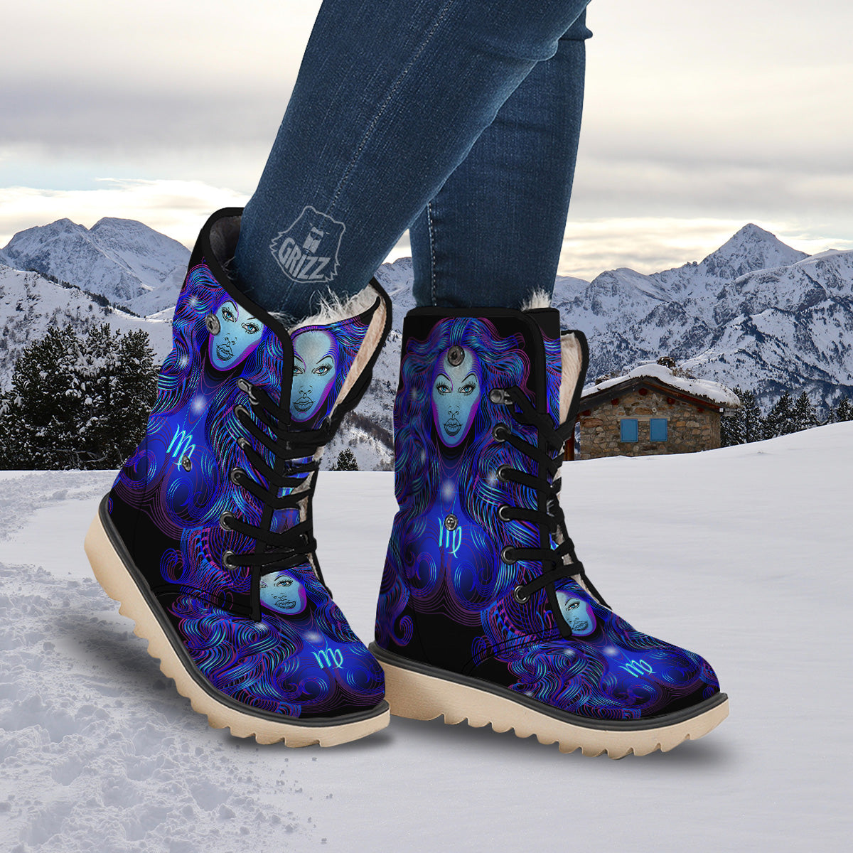 Zodiac Sign Blue Virgo Print Snow Boots-grizzshop