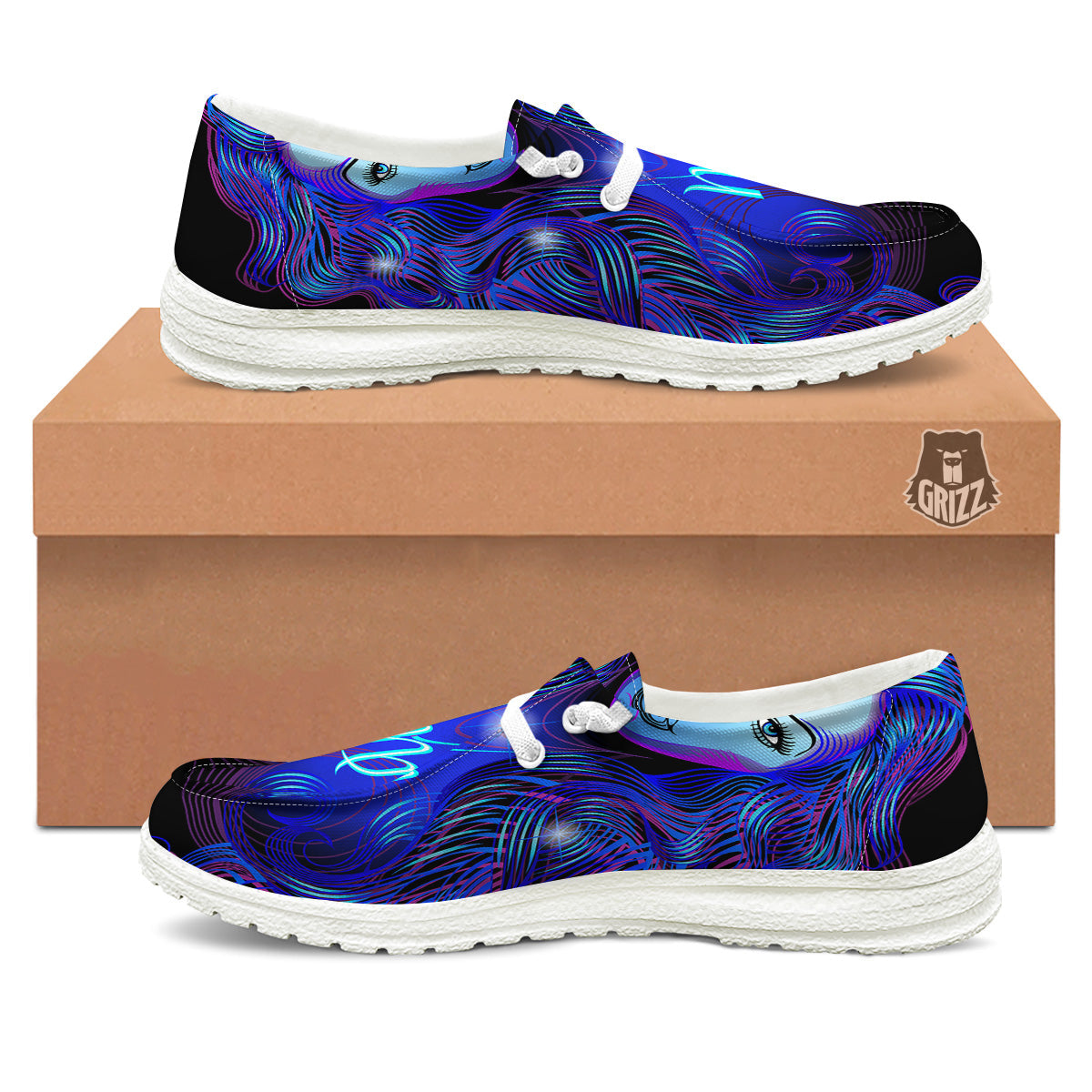 Zodiac Sign Blue Virgo Print White Loafers-grizzshop