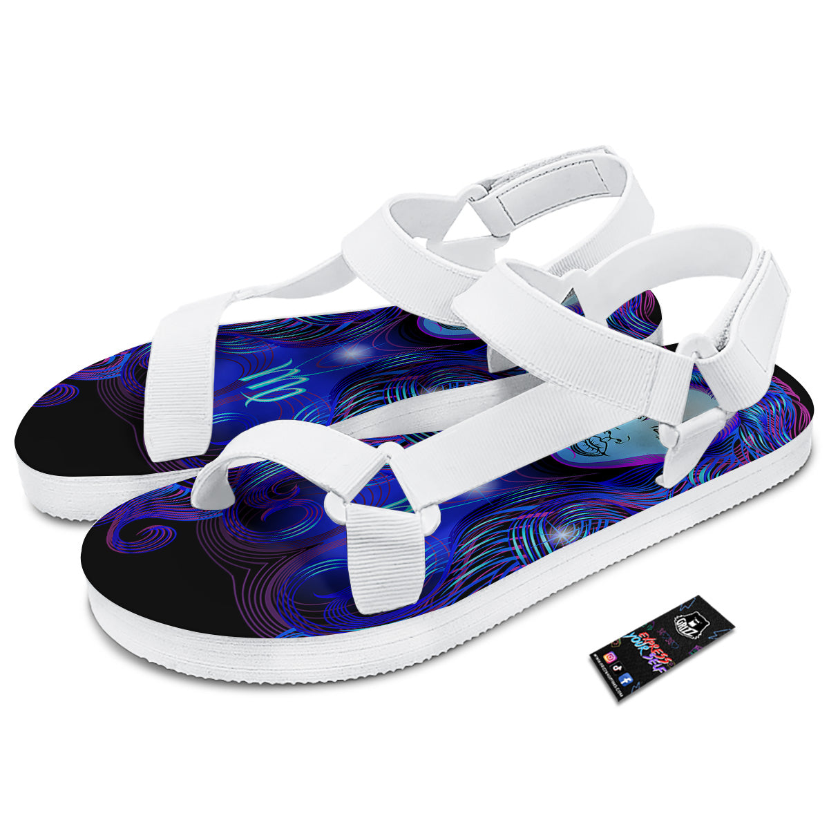 Zodiac Sign Blue Virgo Print White Open Toe Sandals-grizzshop