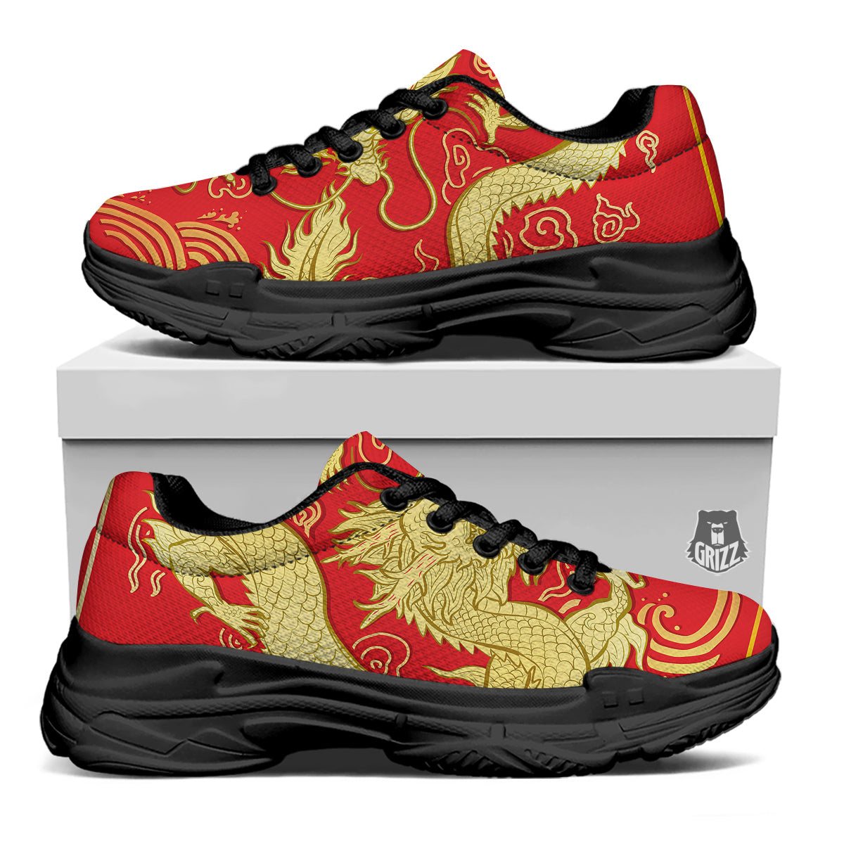 Zodiac Sign Chinese Dragon Print Black Chunky Shoes-grizzshop