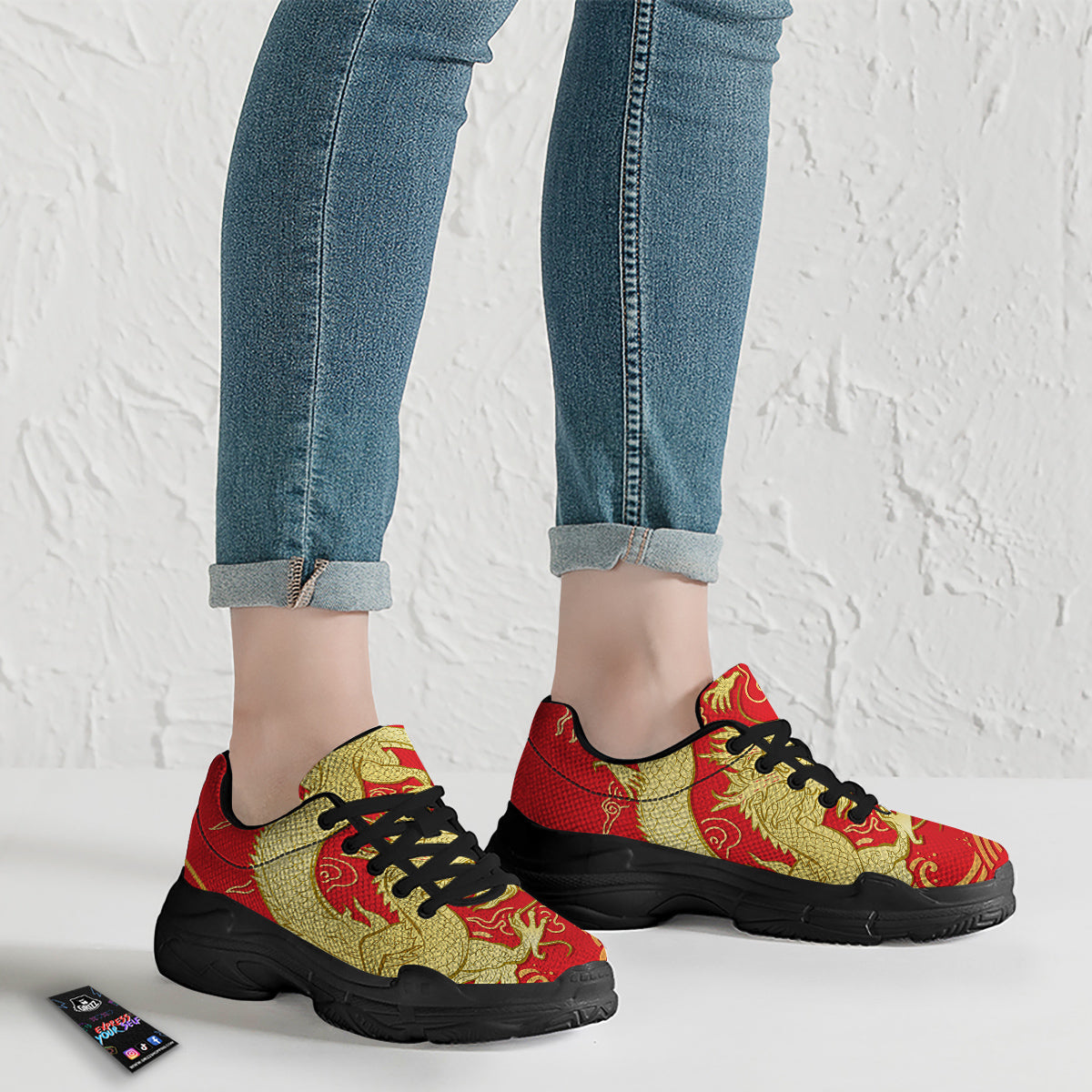 Zodiac Sign Chinese Dragon Print Black Chunky Shoes-grizzshop