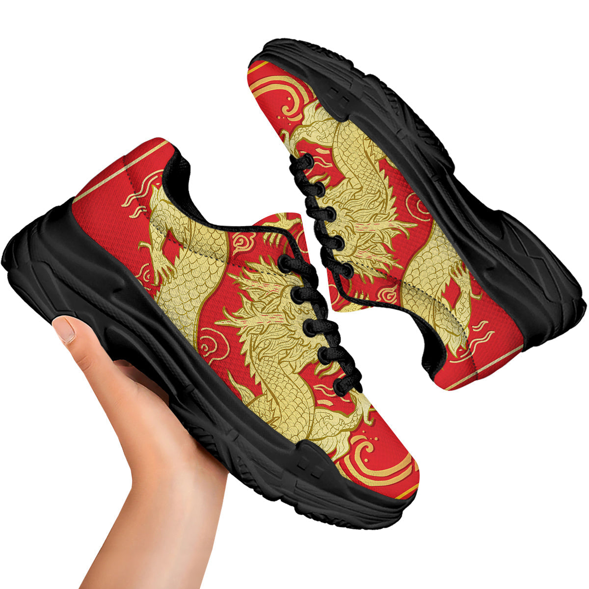 Zodiac Sign Chinese Dragon Print Black Chunky Shoes-grizzshop