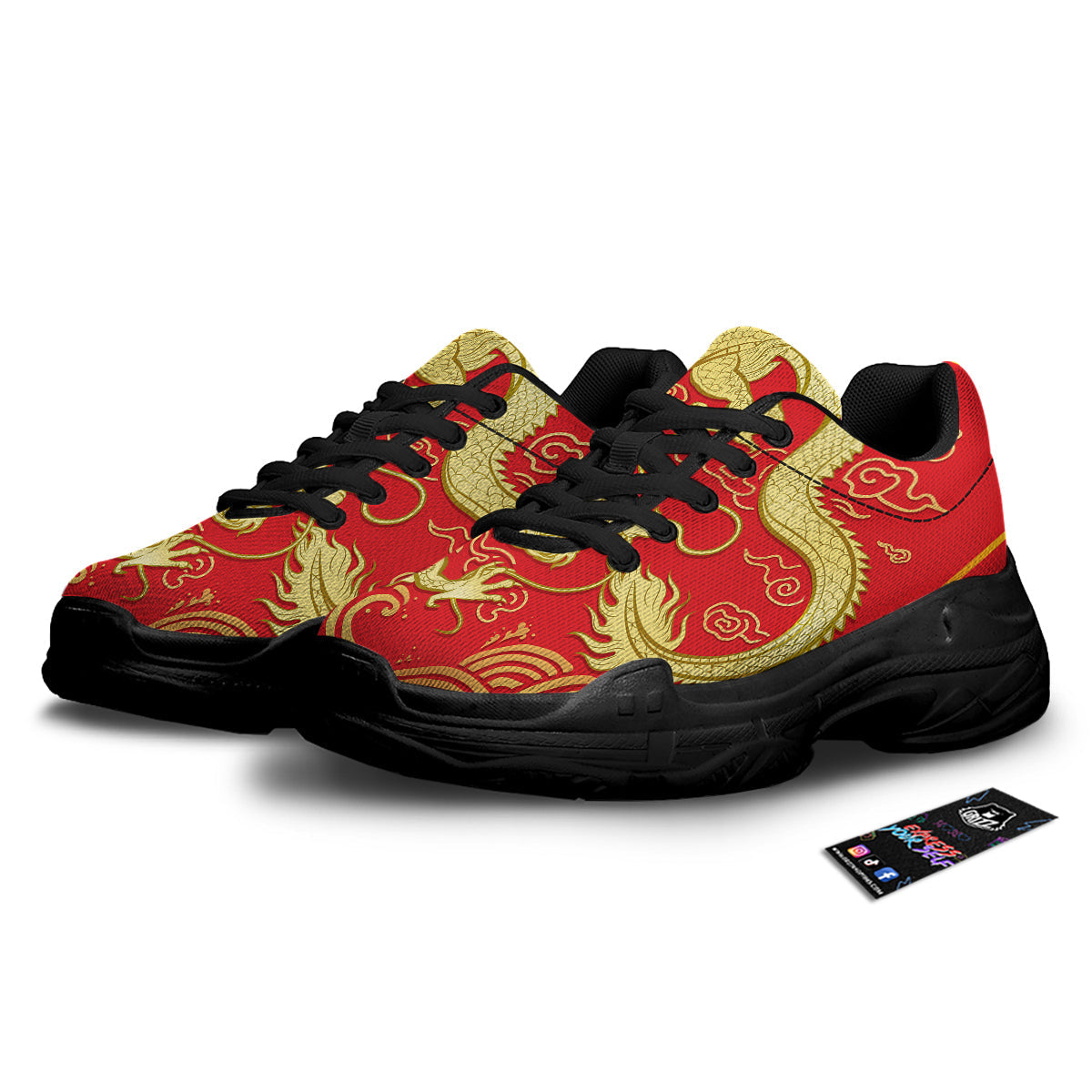 Zodiac Sign Chinese Dragon Print Black Chunky Shoes-grizzshop