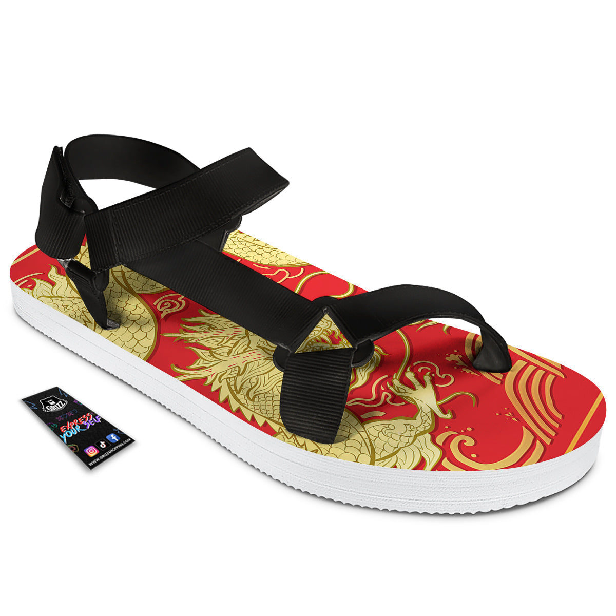 Zodiac Sign Chinese Dragon Print Black Open Toe Sandals-grizzshop