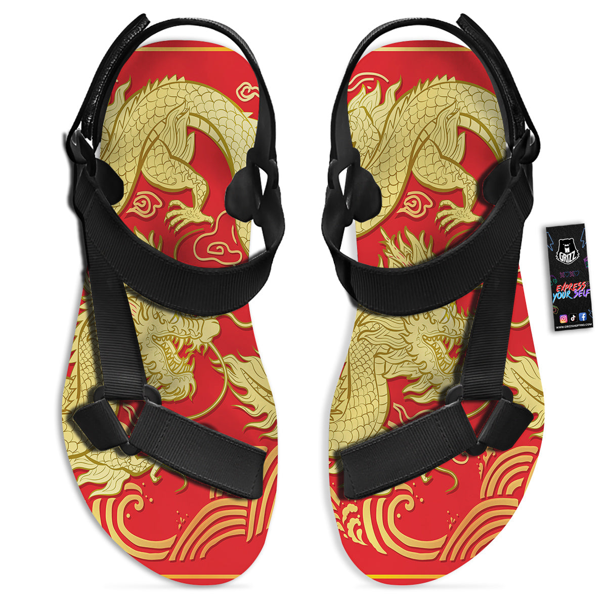Zodiac Sign Chinese Dragon Print Black Open Toe Sandals-grizzshop