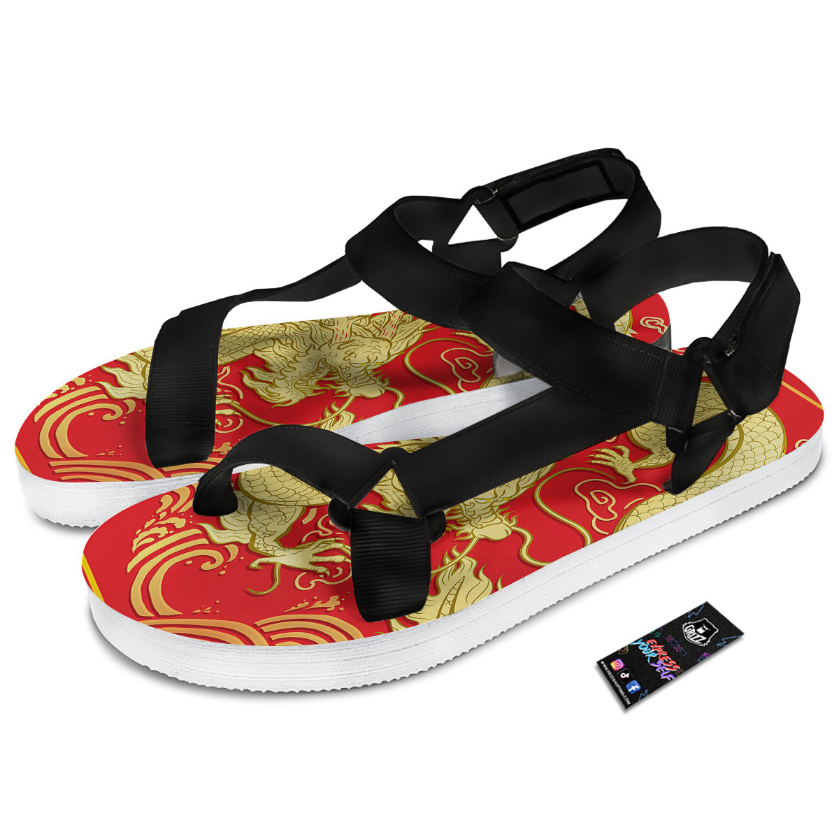 Zodiac Sign Chinese Dragon Print Black Open Toe Sandals-grizzshop