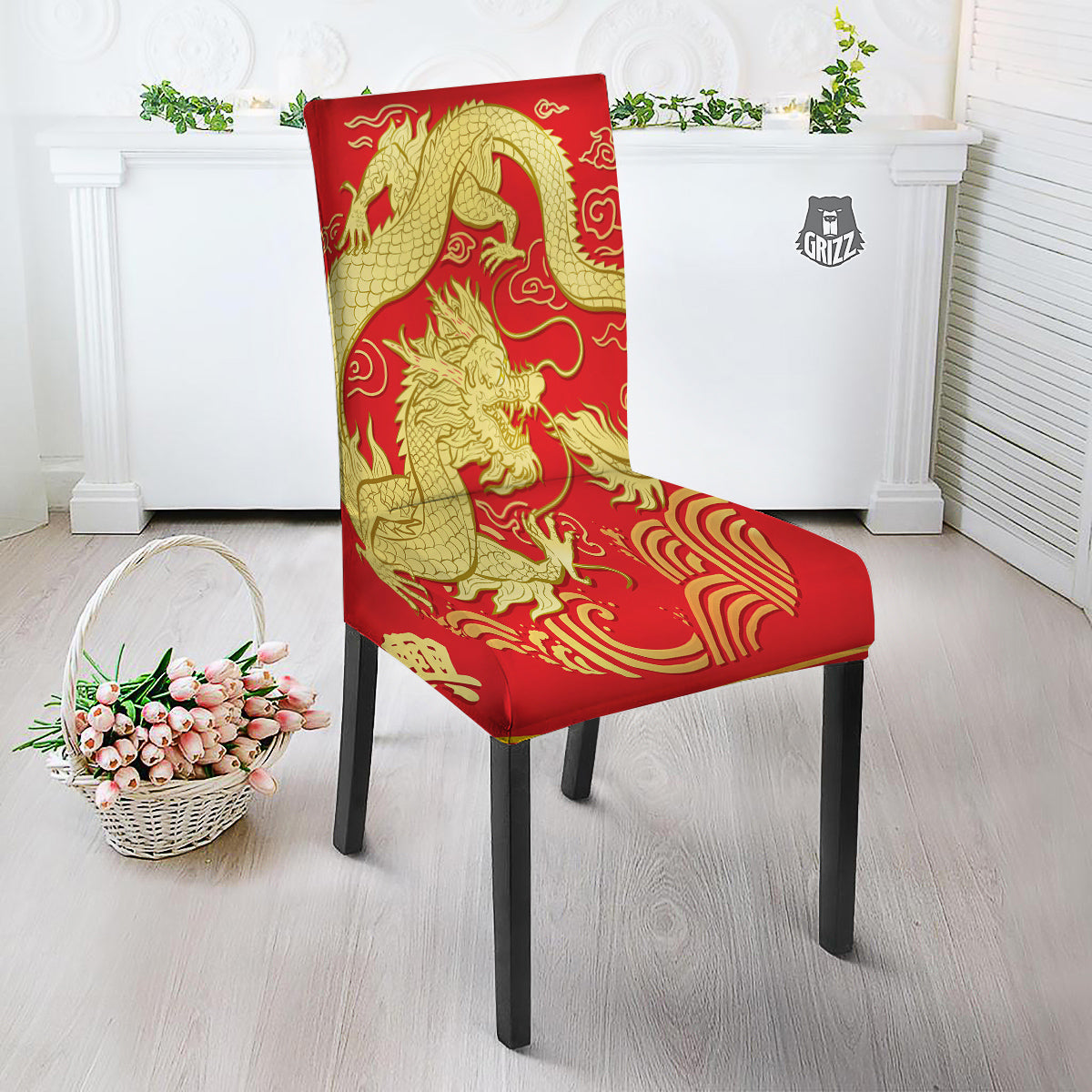 Zodiac Sign Chinese Dragon Print Dining Chair Slipcover-grizzshop