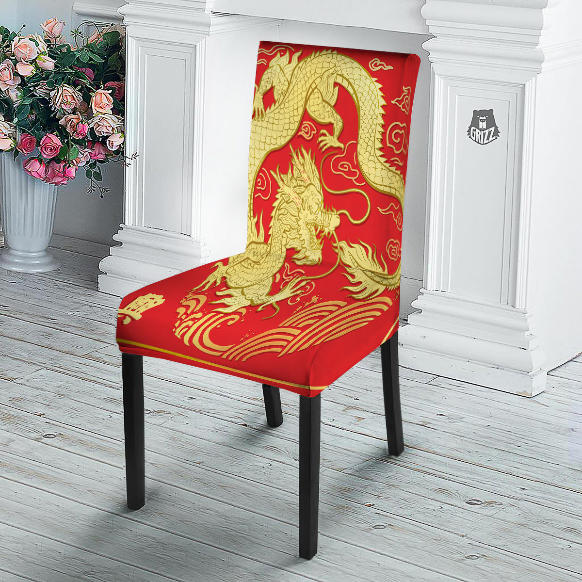 Zodiac Sign Chinese Dragon Print Dining Chair Slipcover-grizzshop