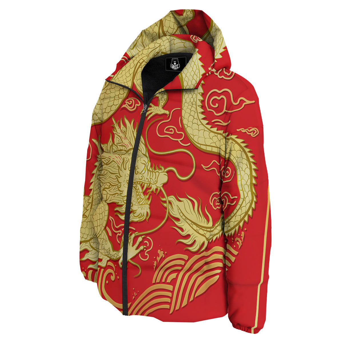 Zodiac Sign Chinese Dragon Print Down Jacket-grizzshop