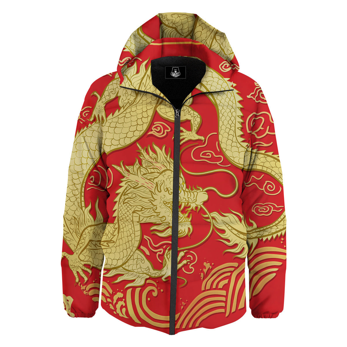 Zodiac Sign Chinese Dragon Print Down Jacket-grizzshop