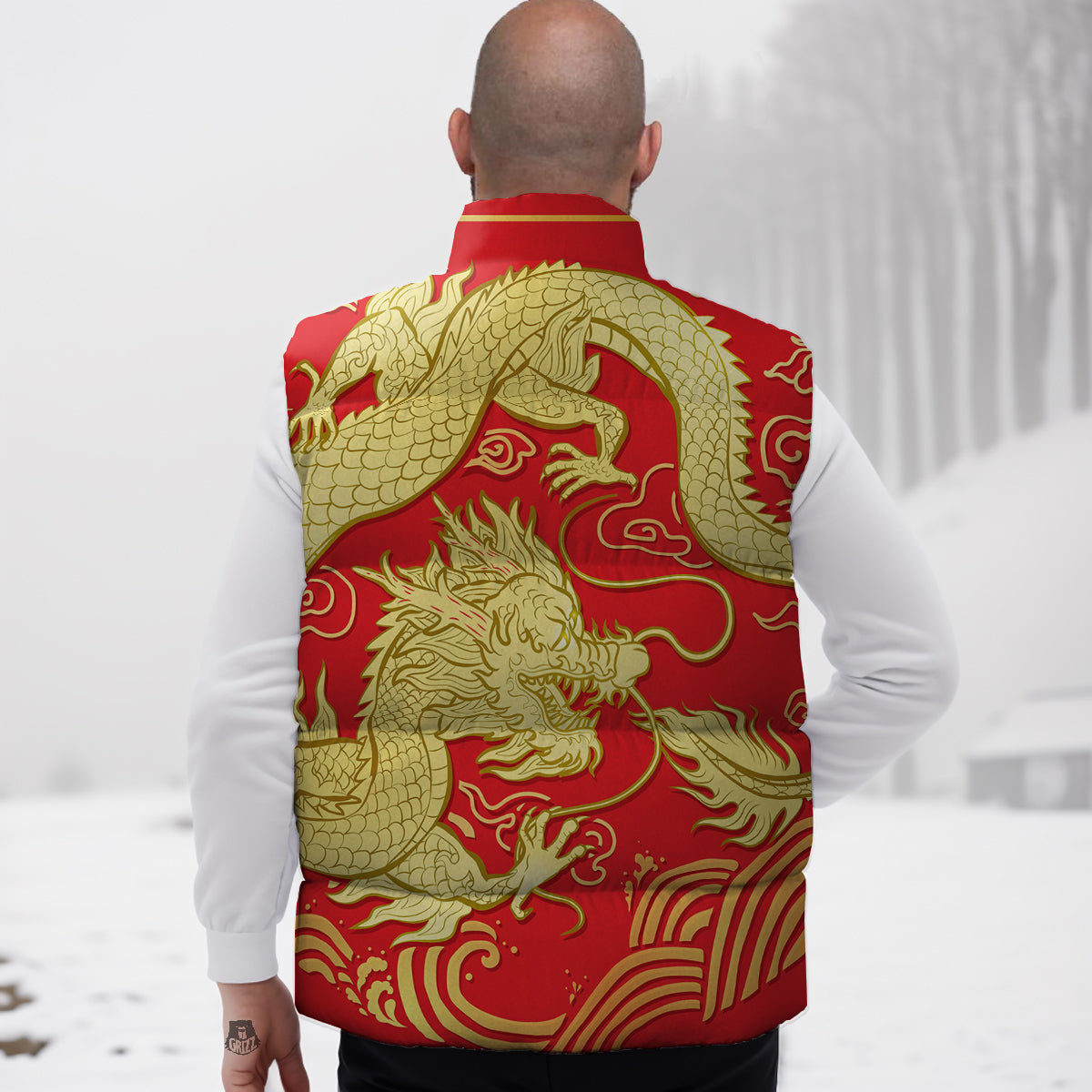 Zodiac Sign Chinese Dragon Print Down Vest