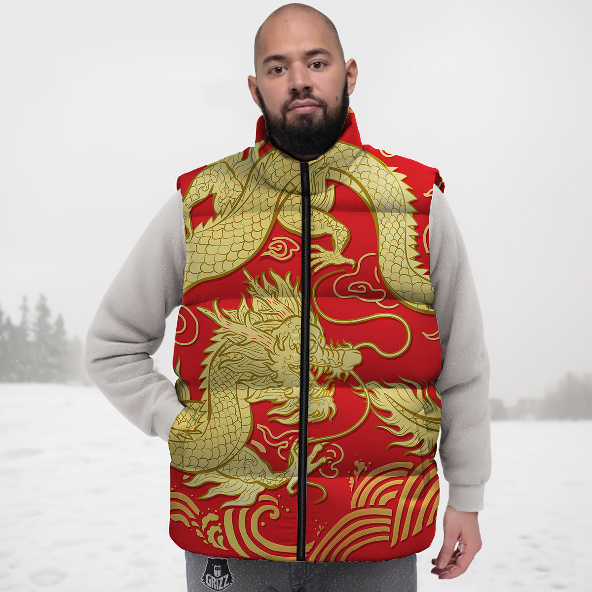 Zodiac Sign Chinese Dragon Print Down Vest