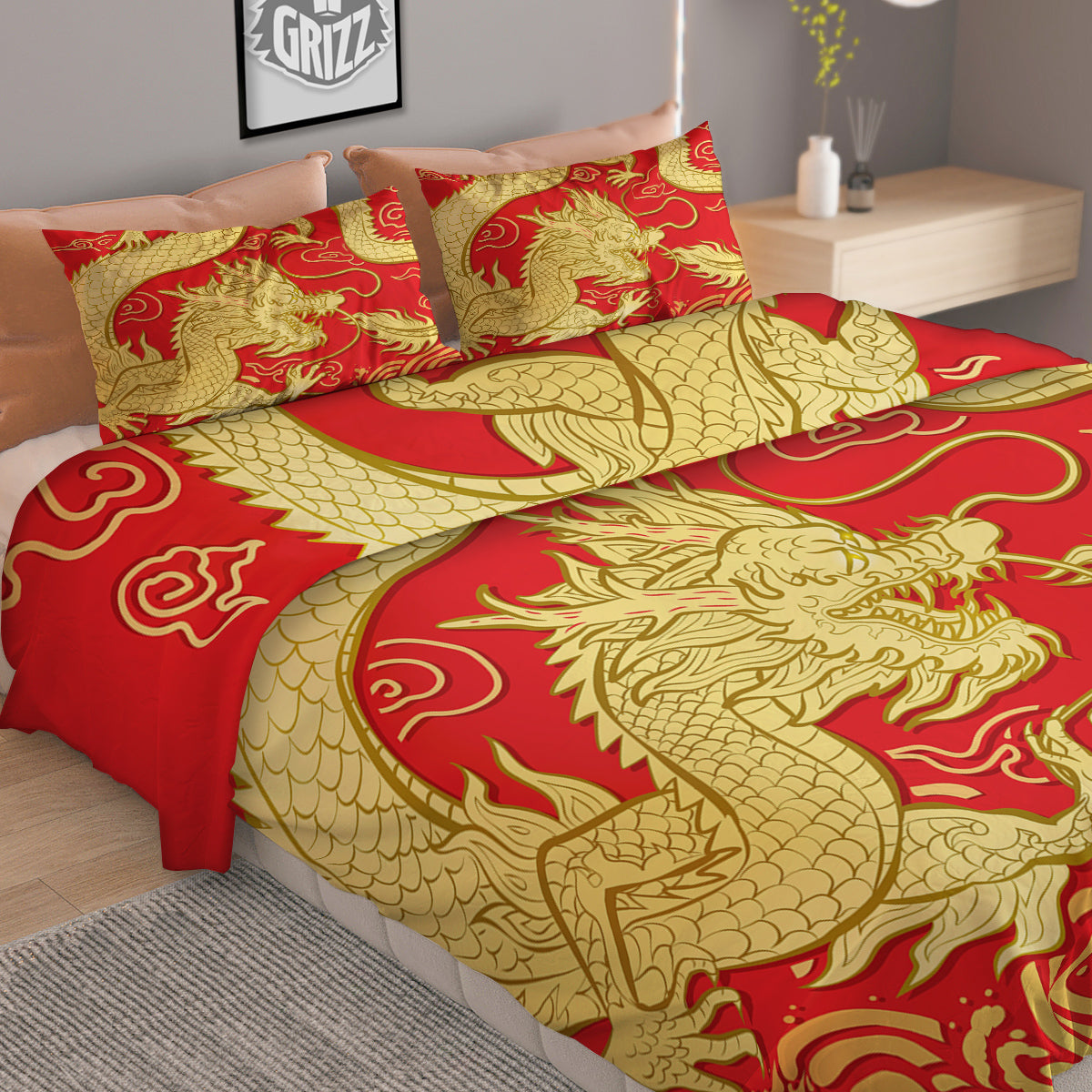 Zodiac Sign Chinese Dragon Print Duvet Cover Bedding Set