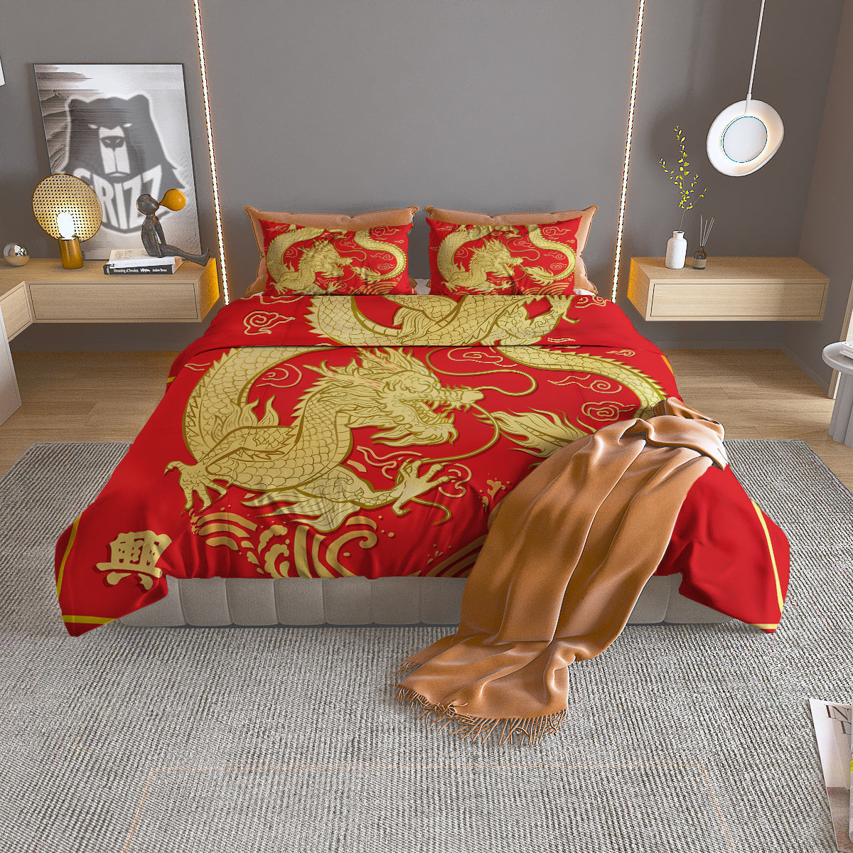 Zodiac Sign Chinese Dragon Print Duvet Cover Bedding Set