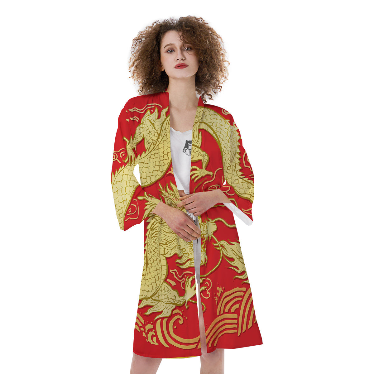 Zodiac Sign Chinese Dragon Print Kimono-grizzshop