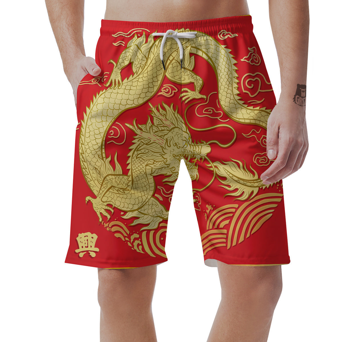 Zodiac Sign Chinese Dragon Print Men's Shorts-grizzshop