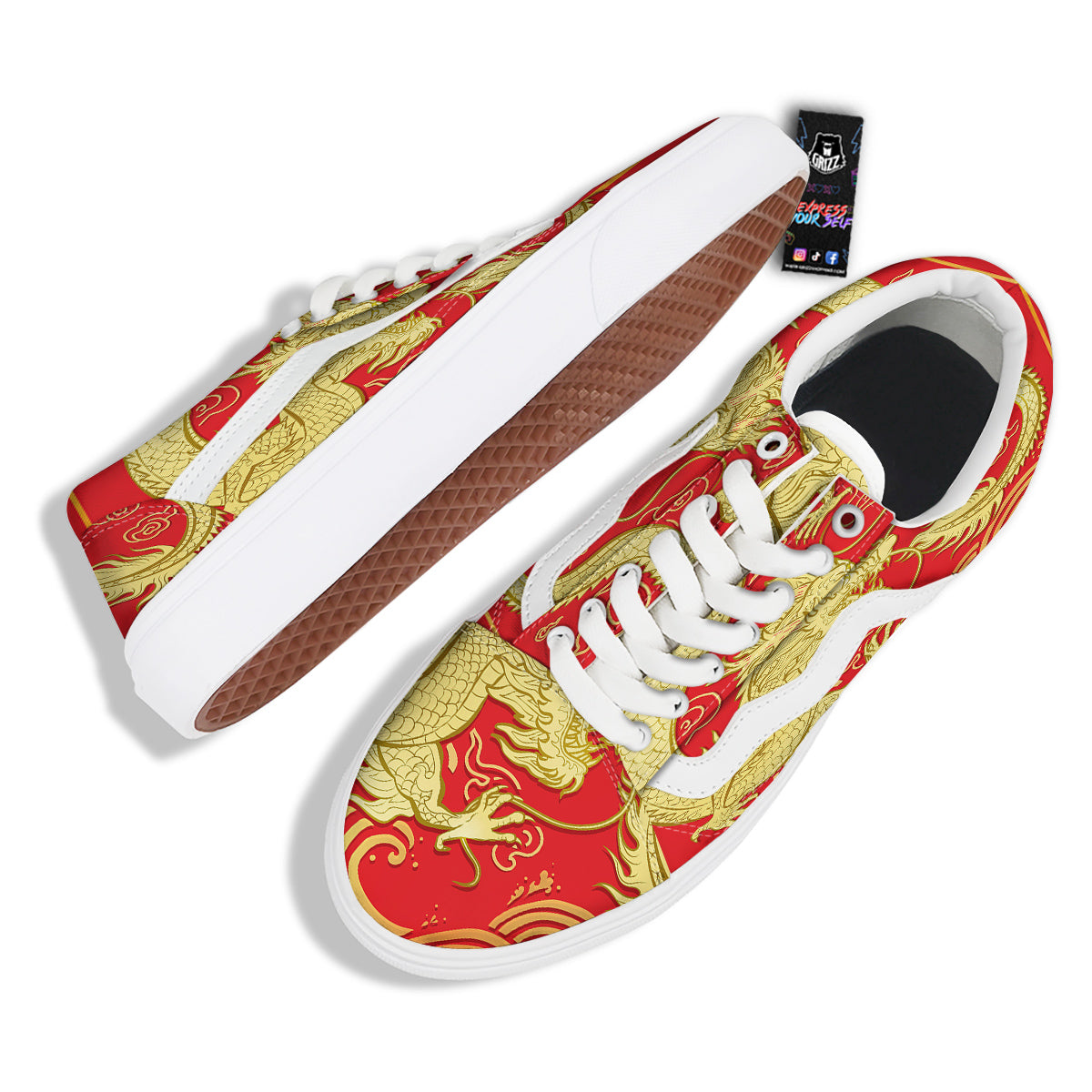 Zodiac Sign Chinese Dragon Print Skate Shoes-grizzshop