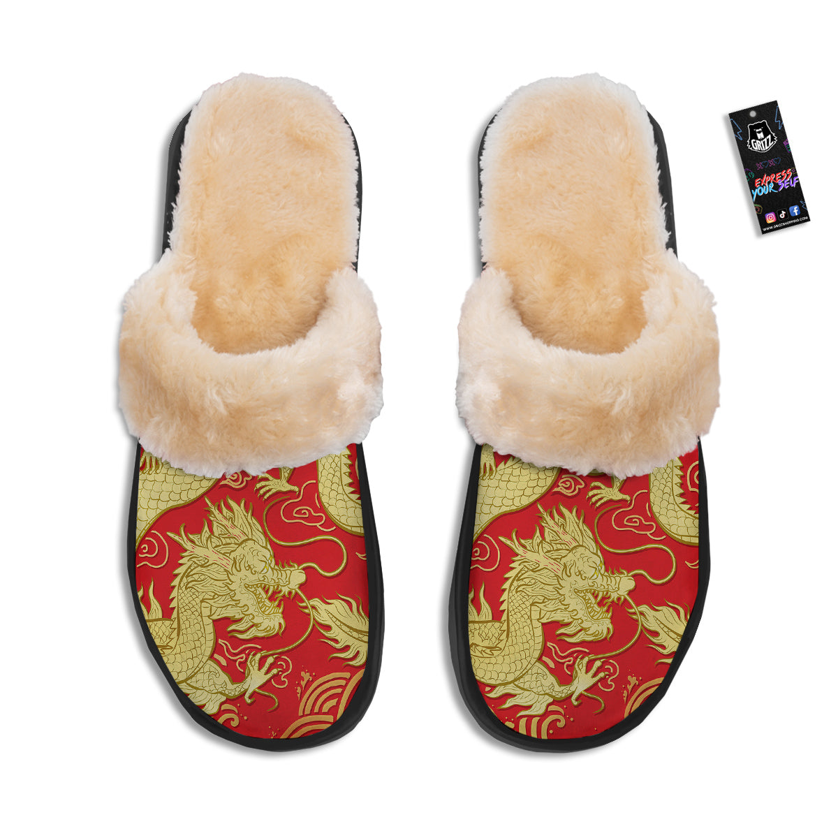 Zodiac Sign Chinese Dragon Print Slippers-grizzshop