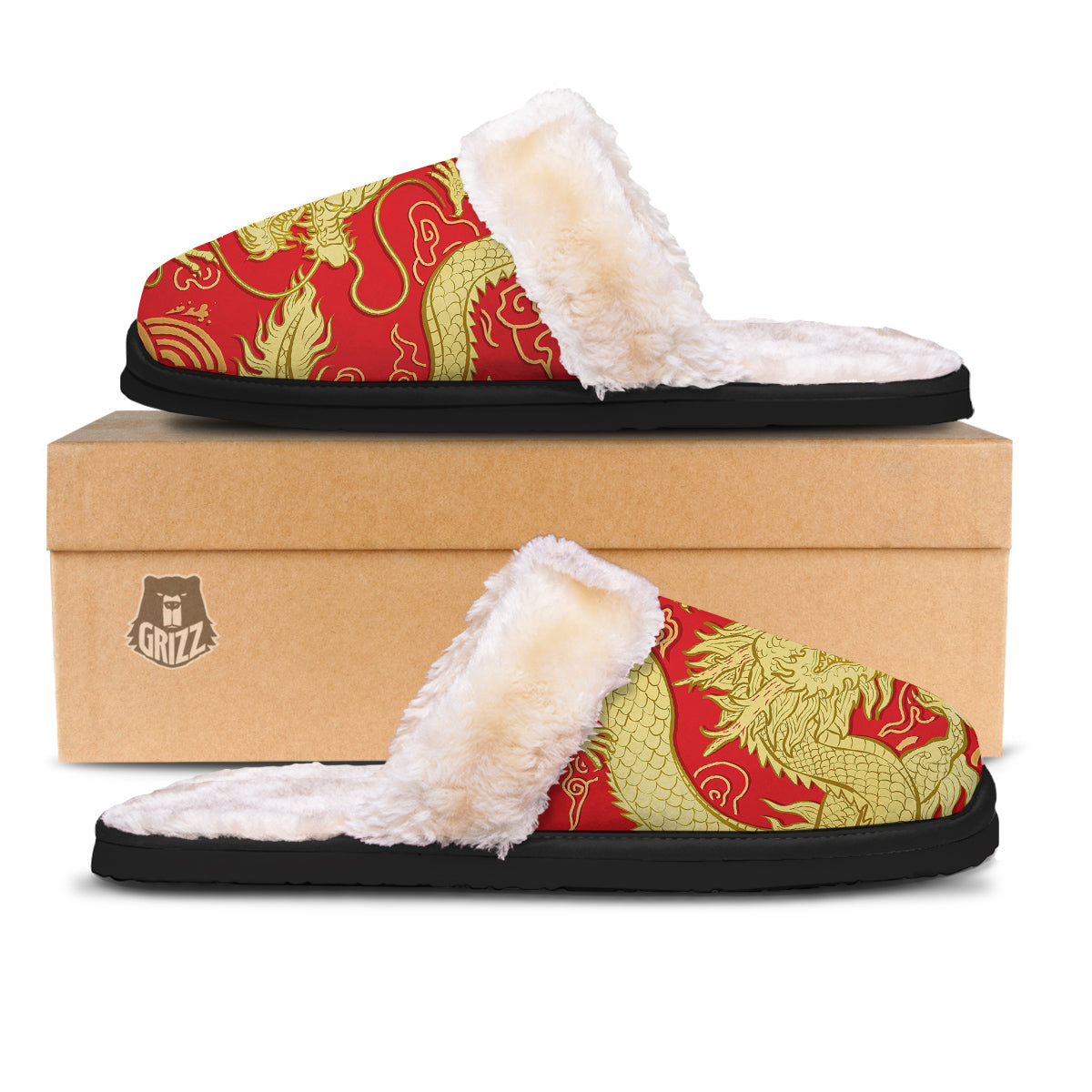 Zodiac Sign Chinese Dragon Print Slippers-grizzshop
