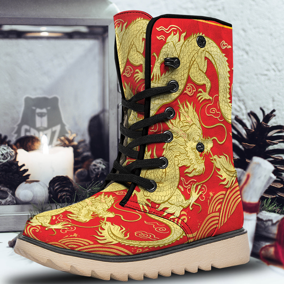 Zodiac Sign Chinese Dragon Print Snow Boots-grizzshop
