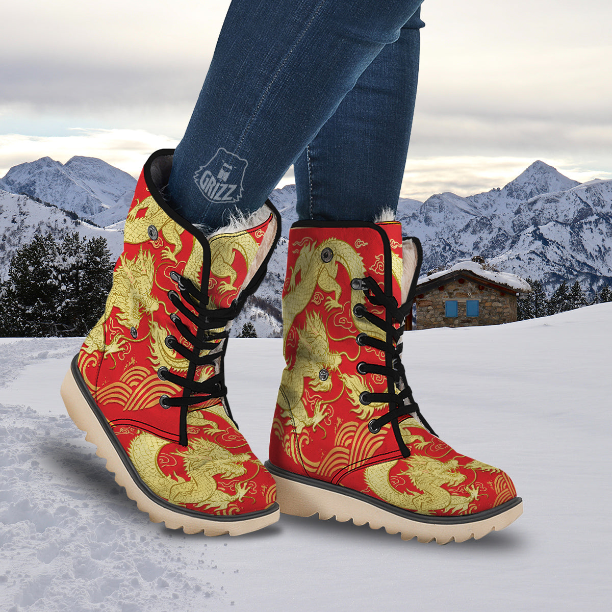 Zodiac Sign Chinese Dragon Print Snow Boots-grizzshop