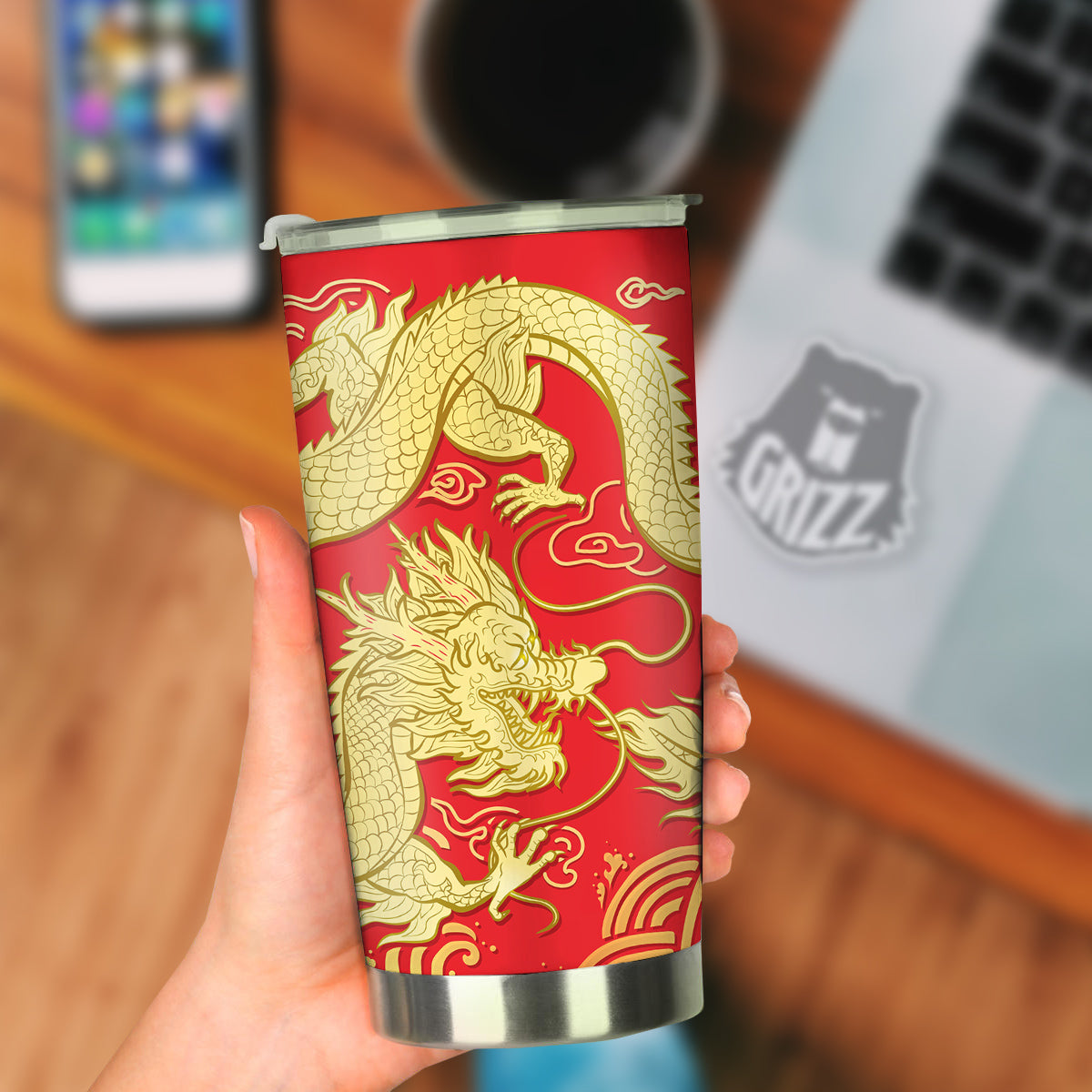 Zodiac Sign Chinese Dragon Print Tumbler-grizzshop