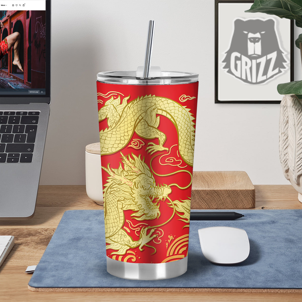 Zodiac Sign Chinese Dragon Print Tumbler-grizzshop