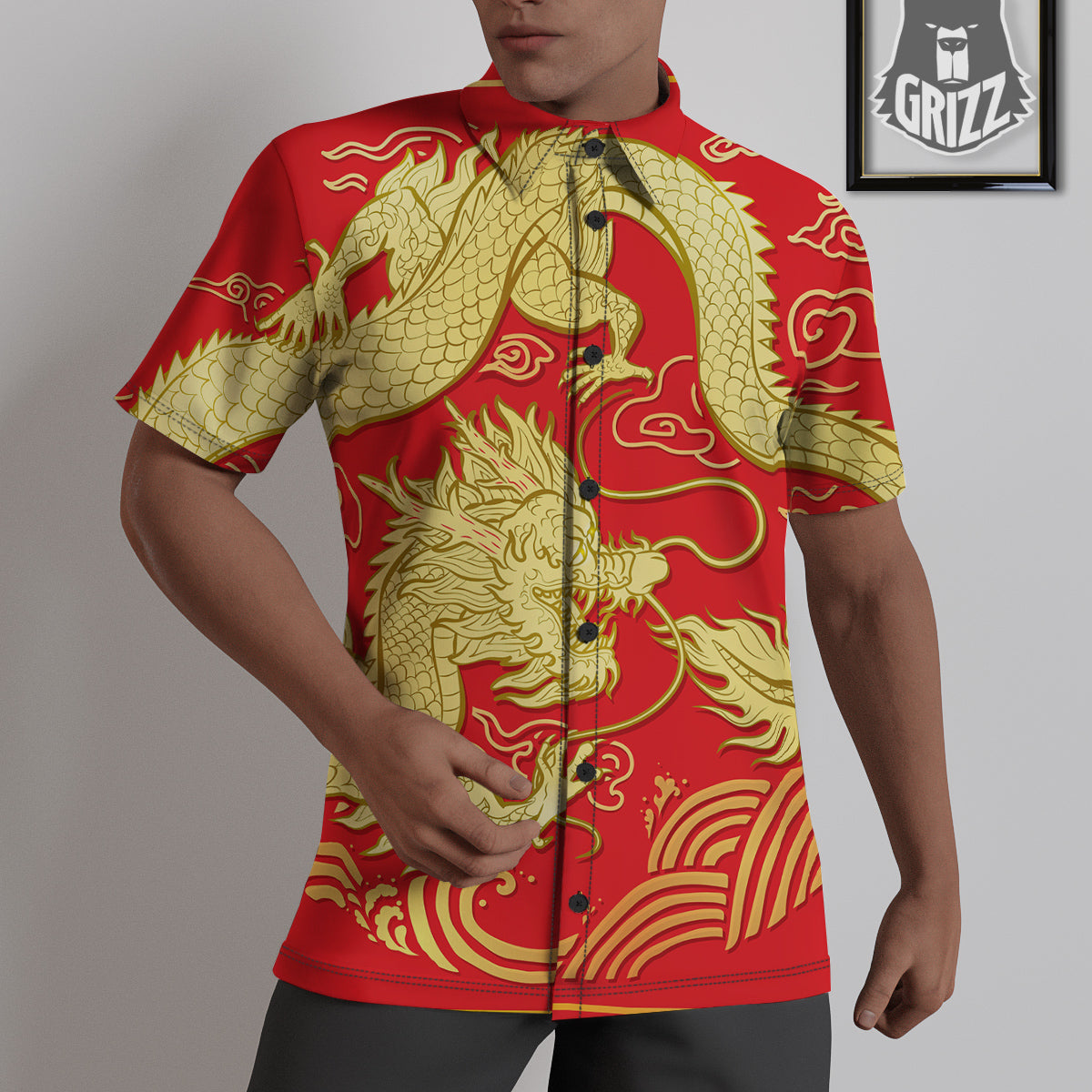 Zodiac Sign Chinese Dragon Print Untucked Shirts-grizzshop